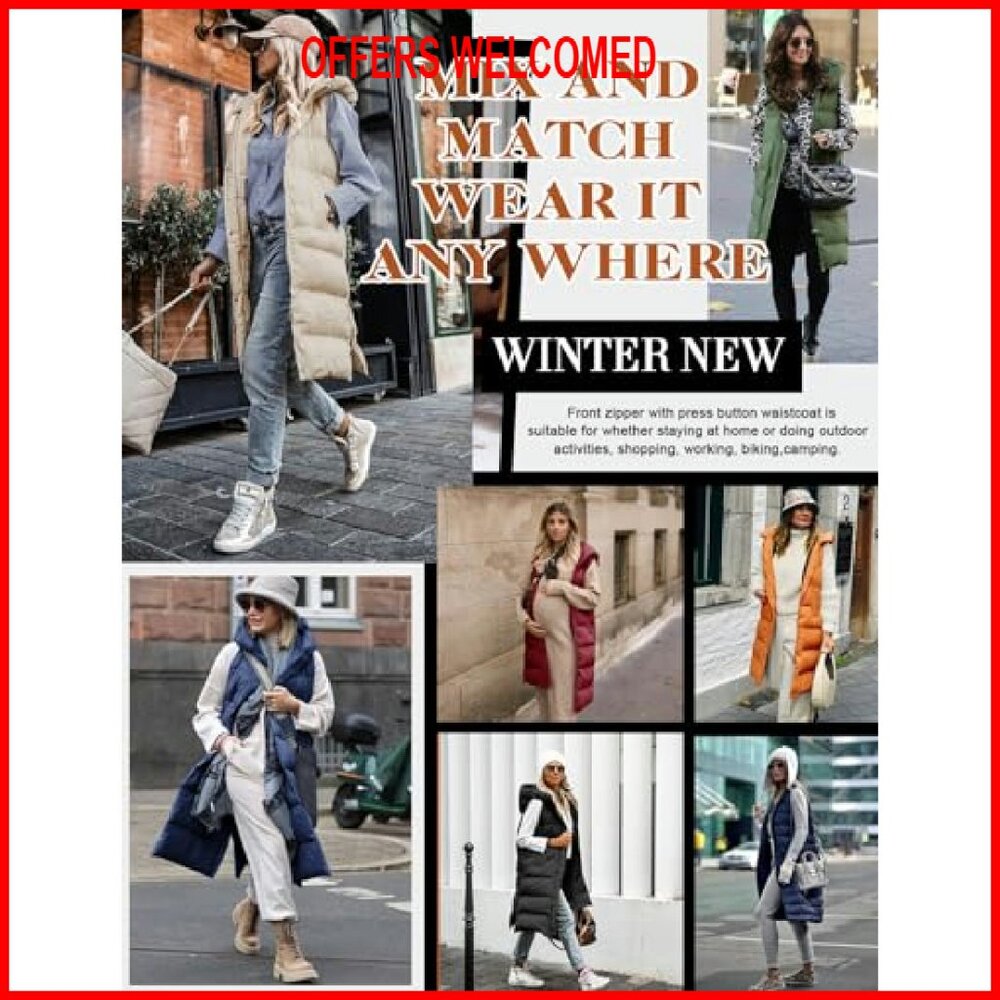 Women's Long Puffer Vest Sleeveless Jacket Zip Up Hooded Quilted - Picture 7 of 8